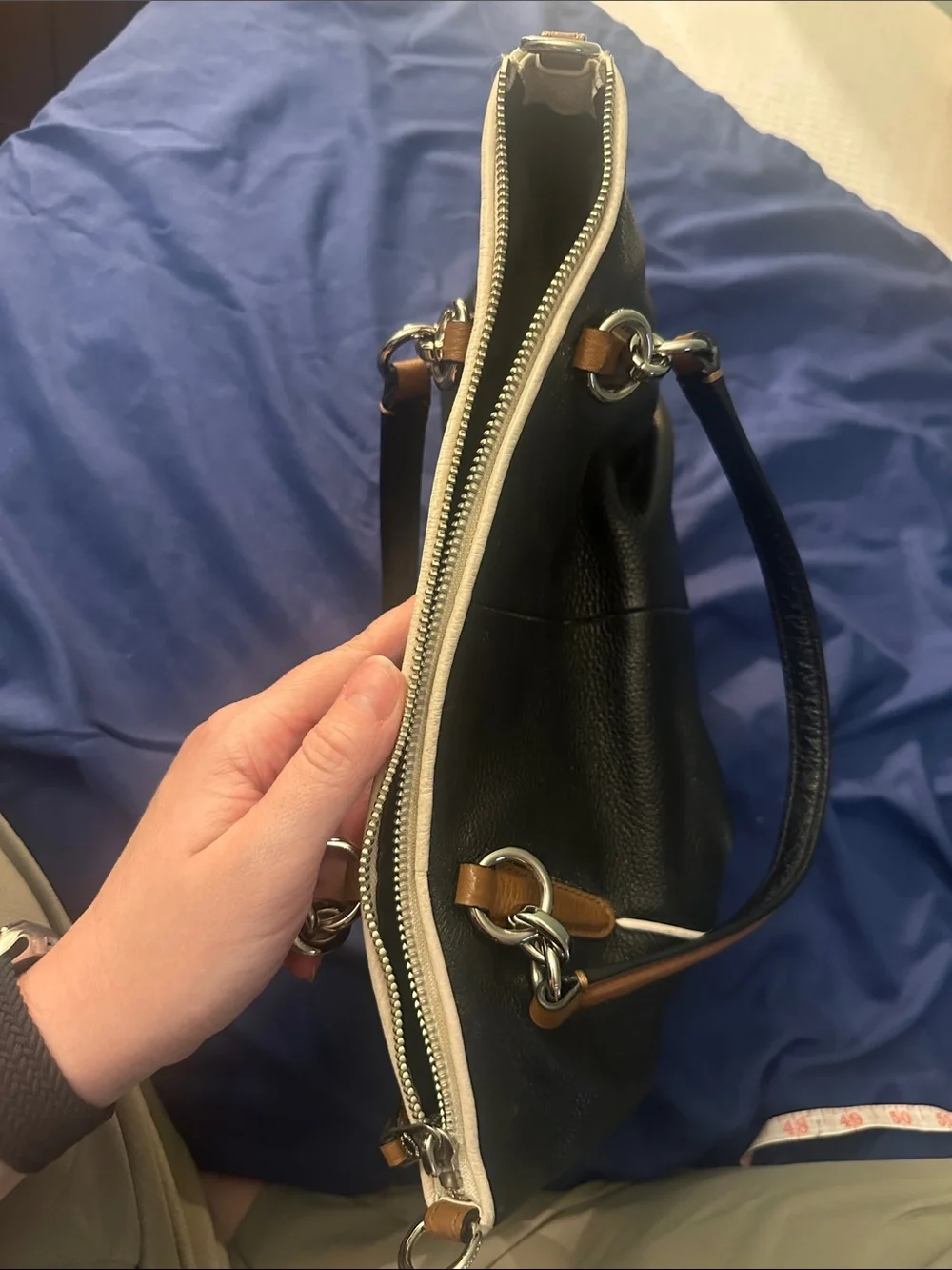 Coach Black Leather Hand Bag with Tan Handles and White Trim